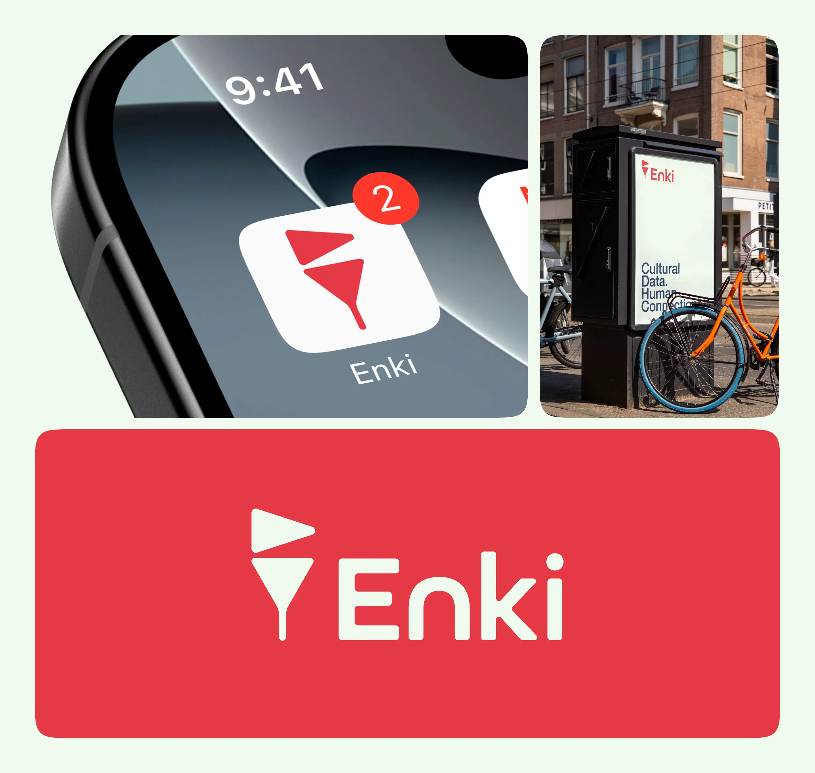 Enki app icon on a phone, a street poster in situ, and the wordmark on a red panel