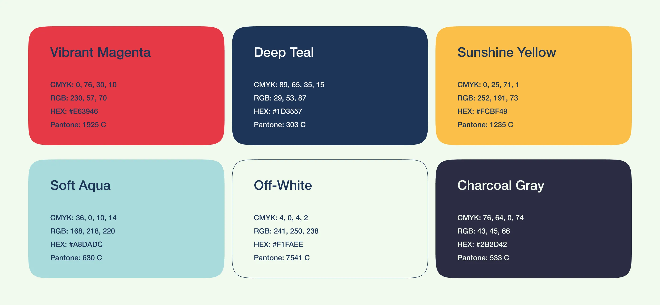Enki color palette: six brand colors with CMYK, RGB, HEX, and Pantone values