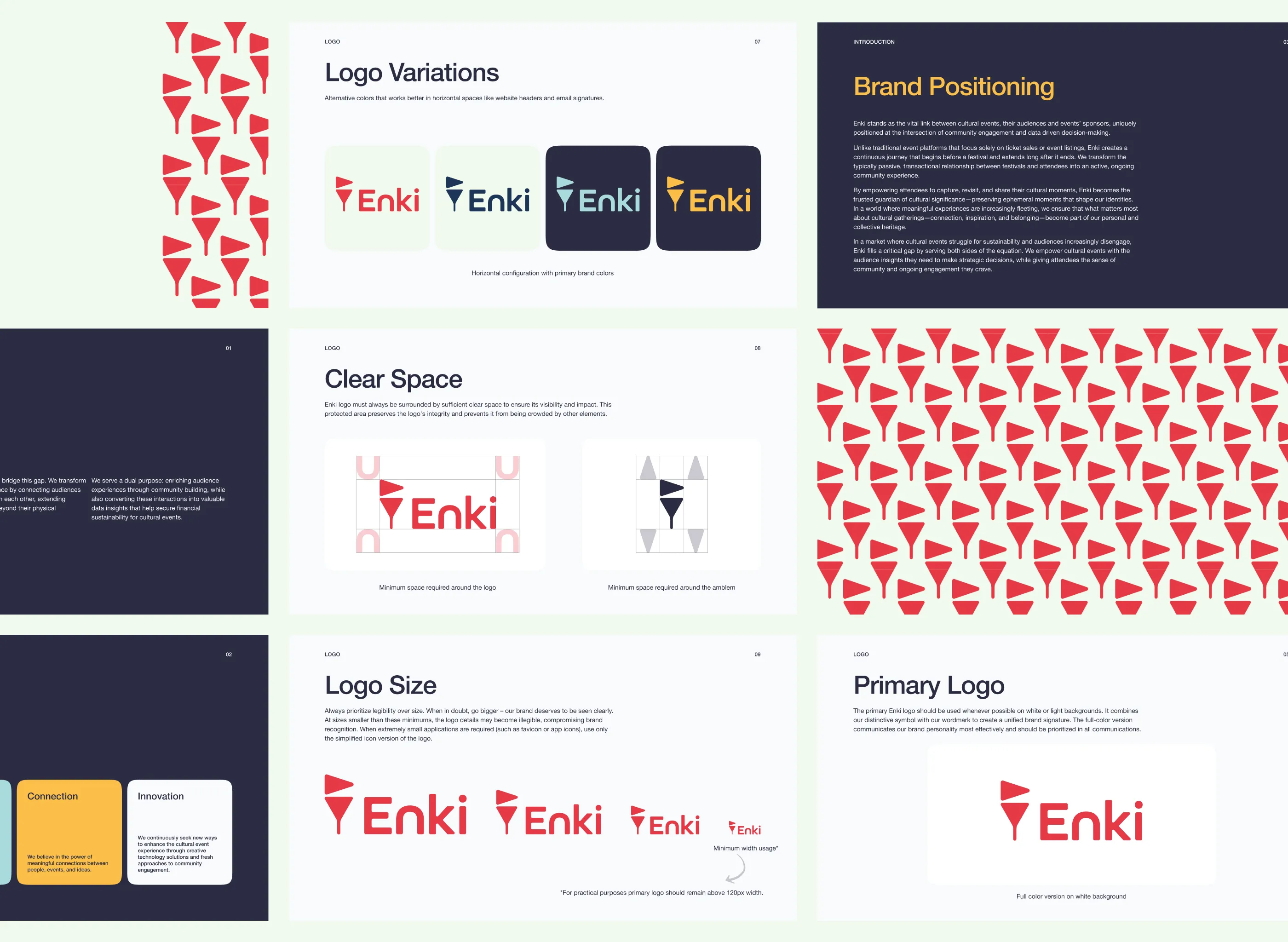 Spreads from the Enki brand guidelines: brand positioning, logo variations, clear space, minimum logo sizes, and pattern pages