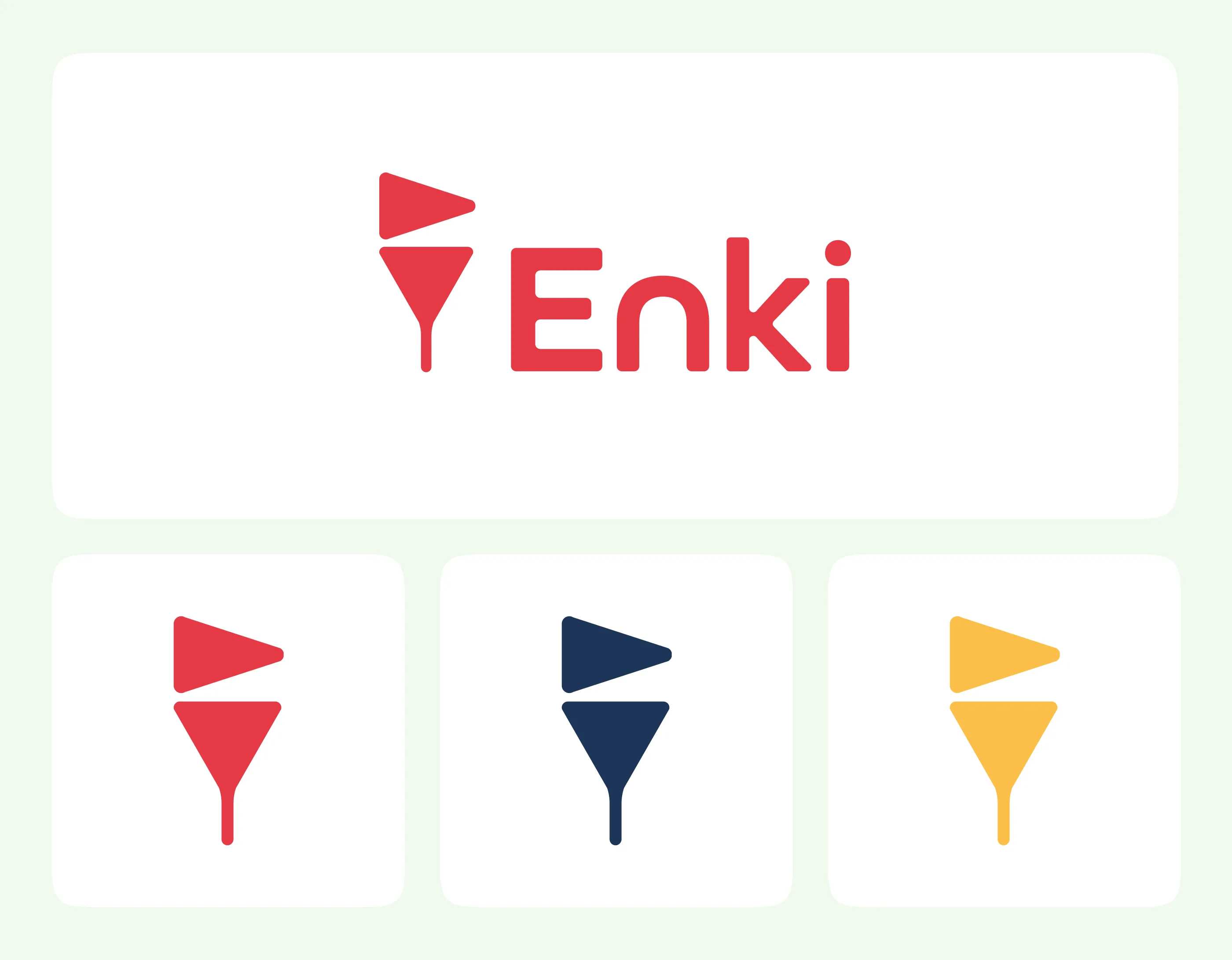 Enki pennant mark: primary logo and one-color variations in magenta, teal, and yellow