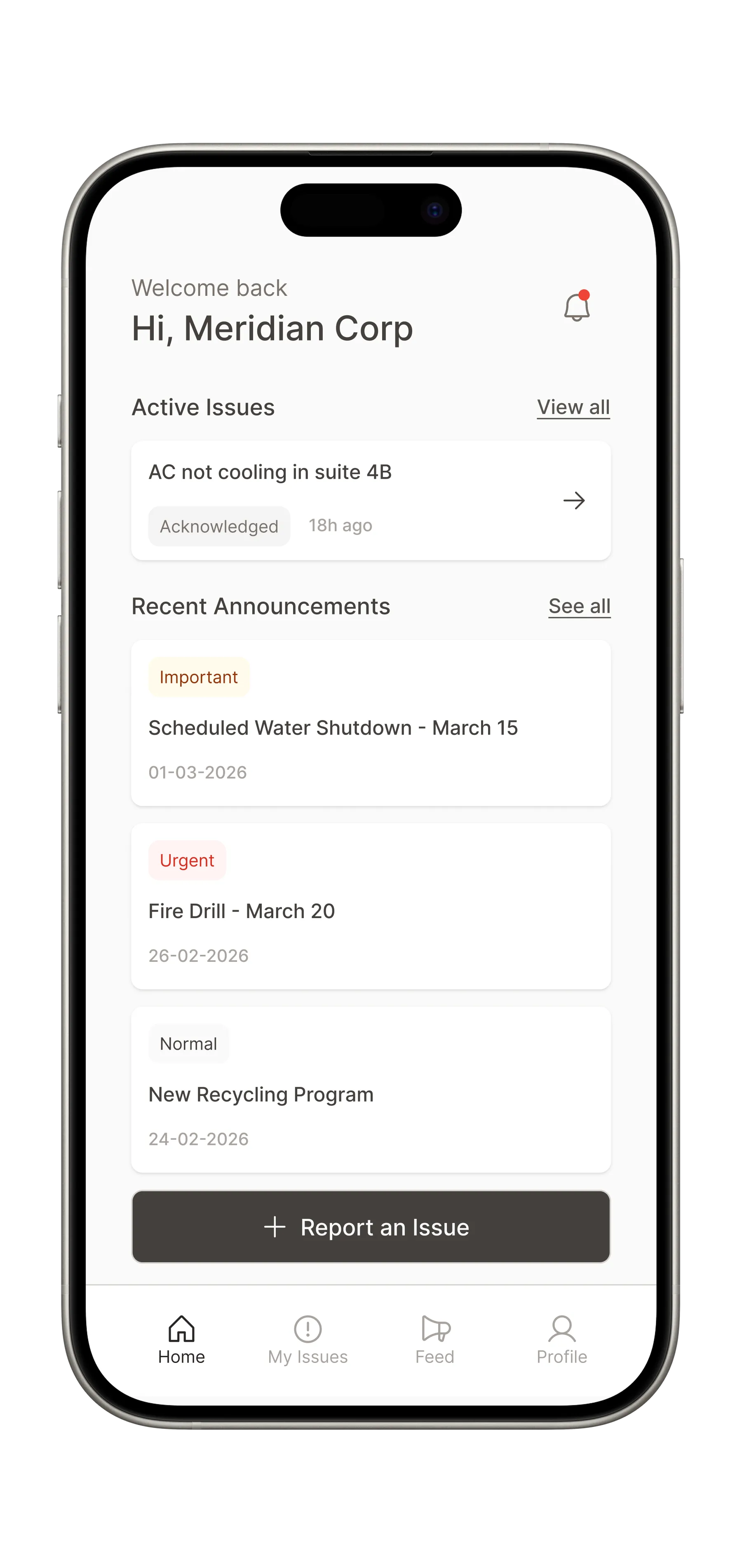 Laneway tenant app home screen with active issues and recent announcements