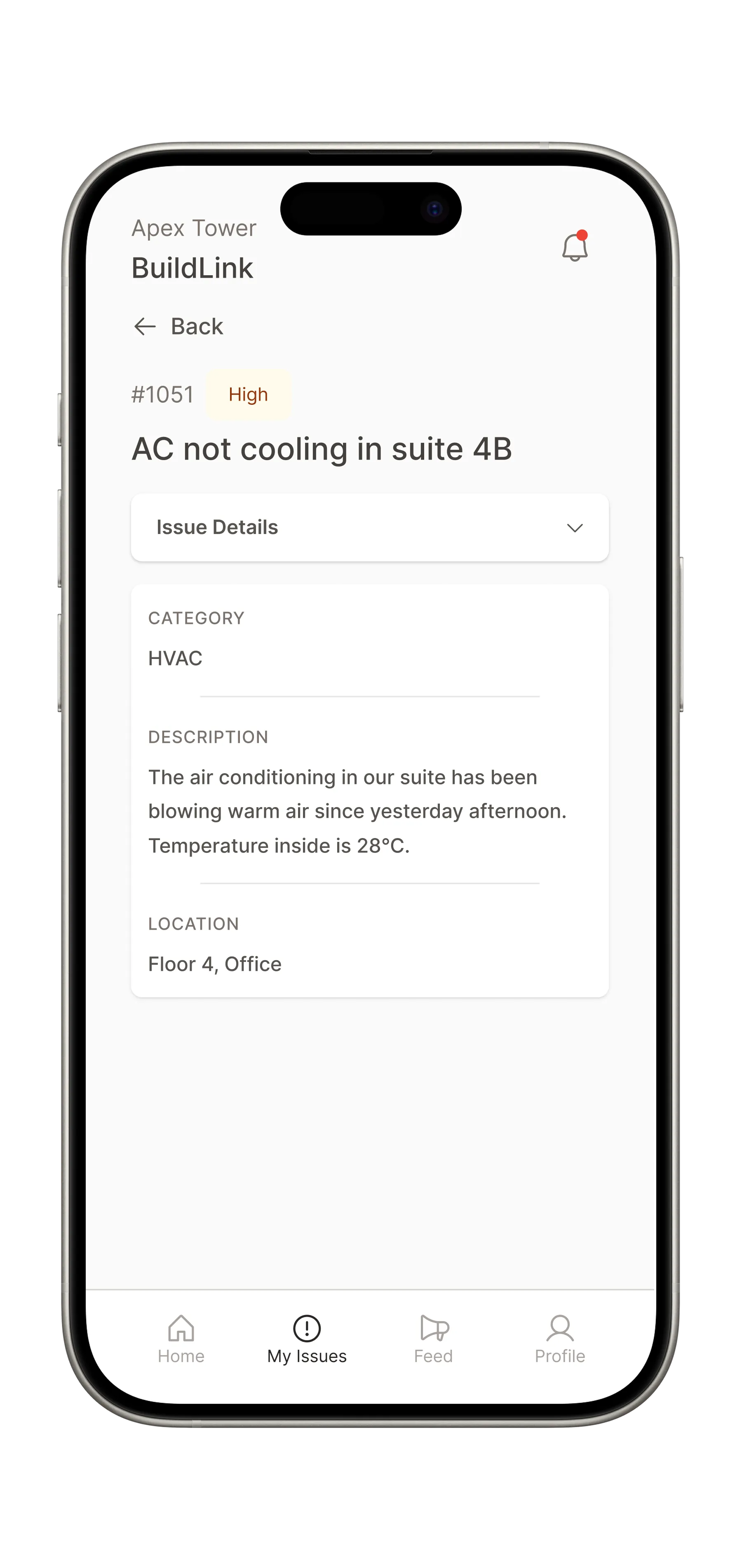 Issue detail with category, description, and location