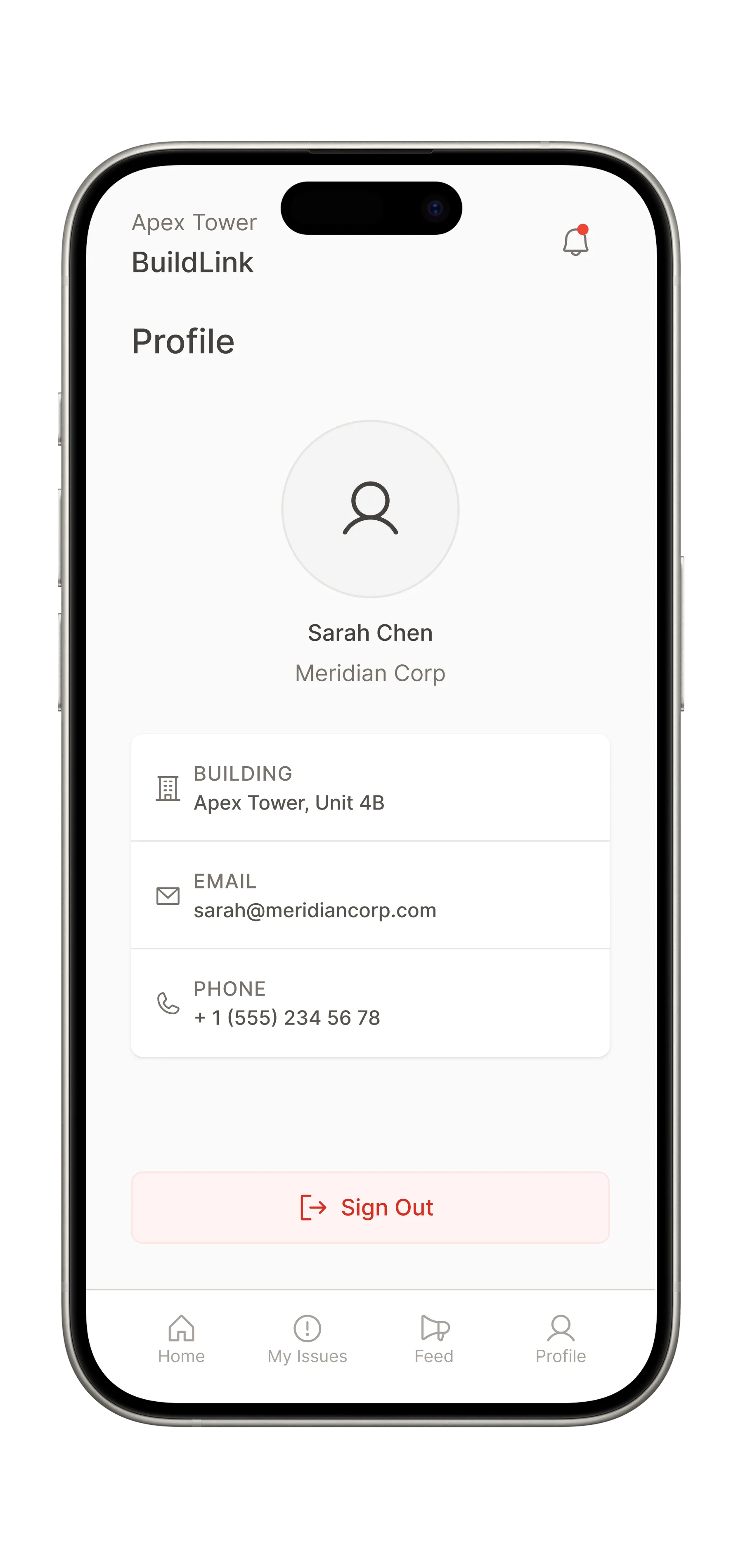 Laneway tenant app profile screen with account and building info
