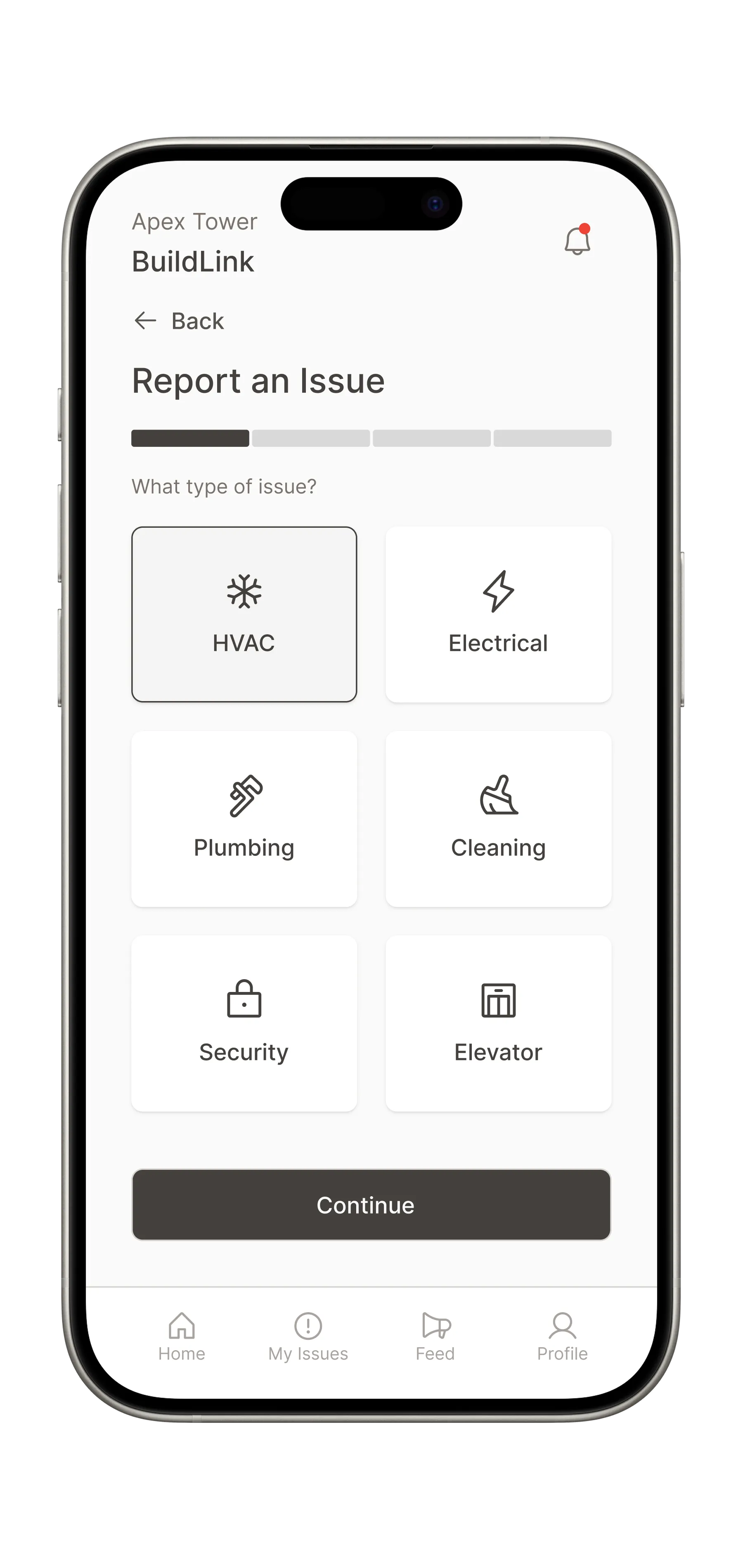 Report an issue: select category (HVAC, electrical, plumbing, cleaning, security, elevator)