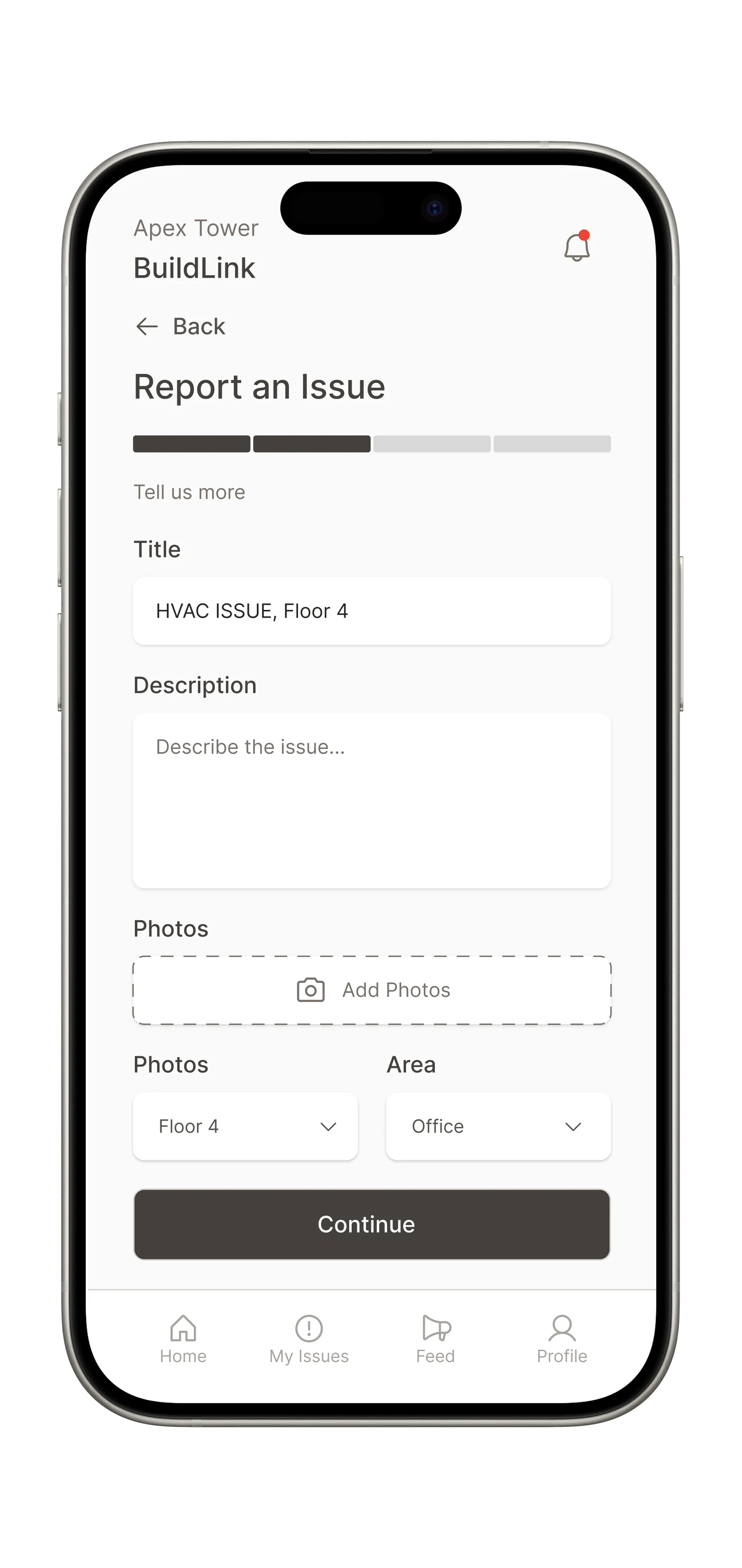 Report an issue: title, description, photos, and location