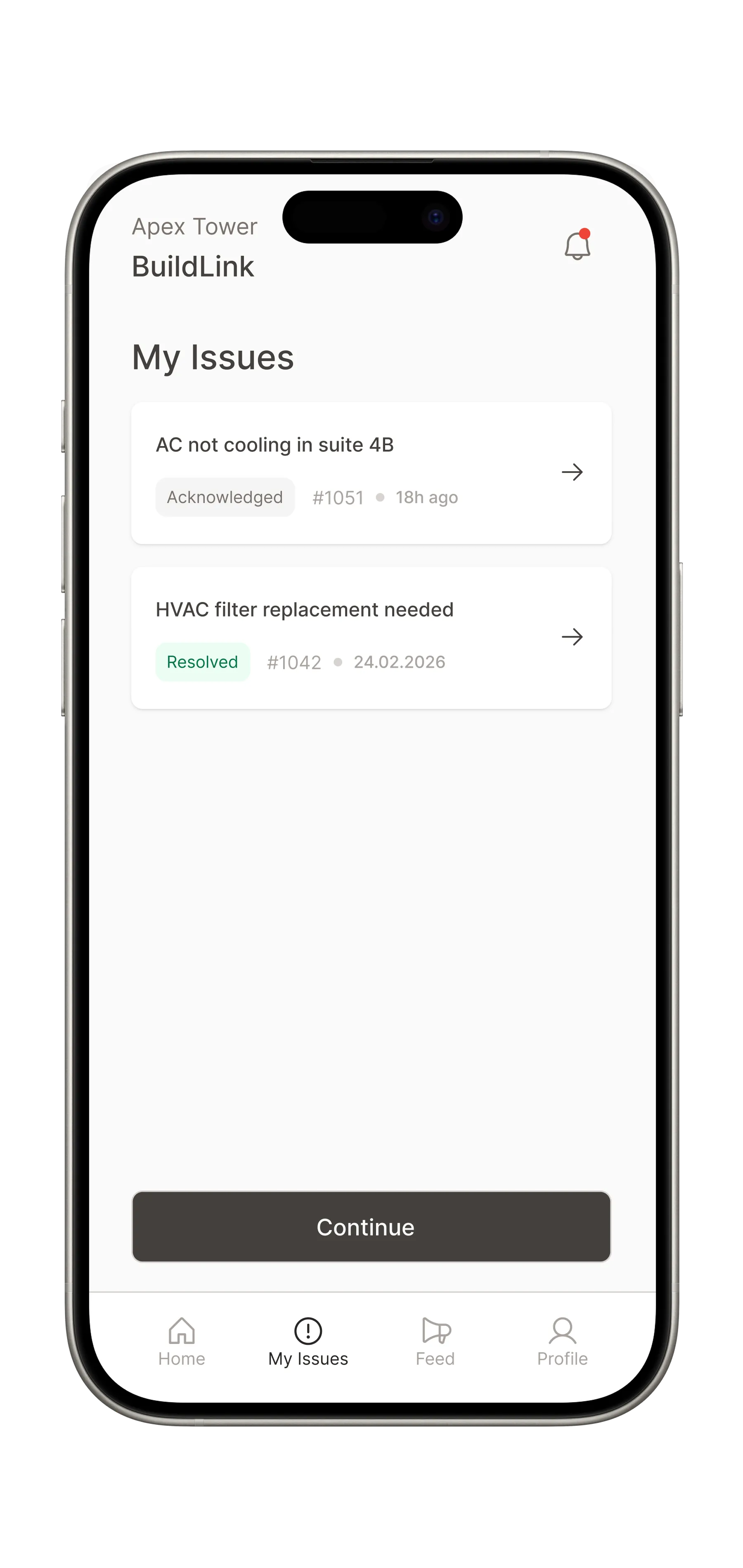 Laneway tenant app My Issues list, split into open and resolved