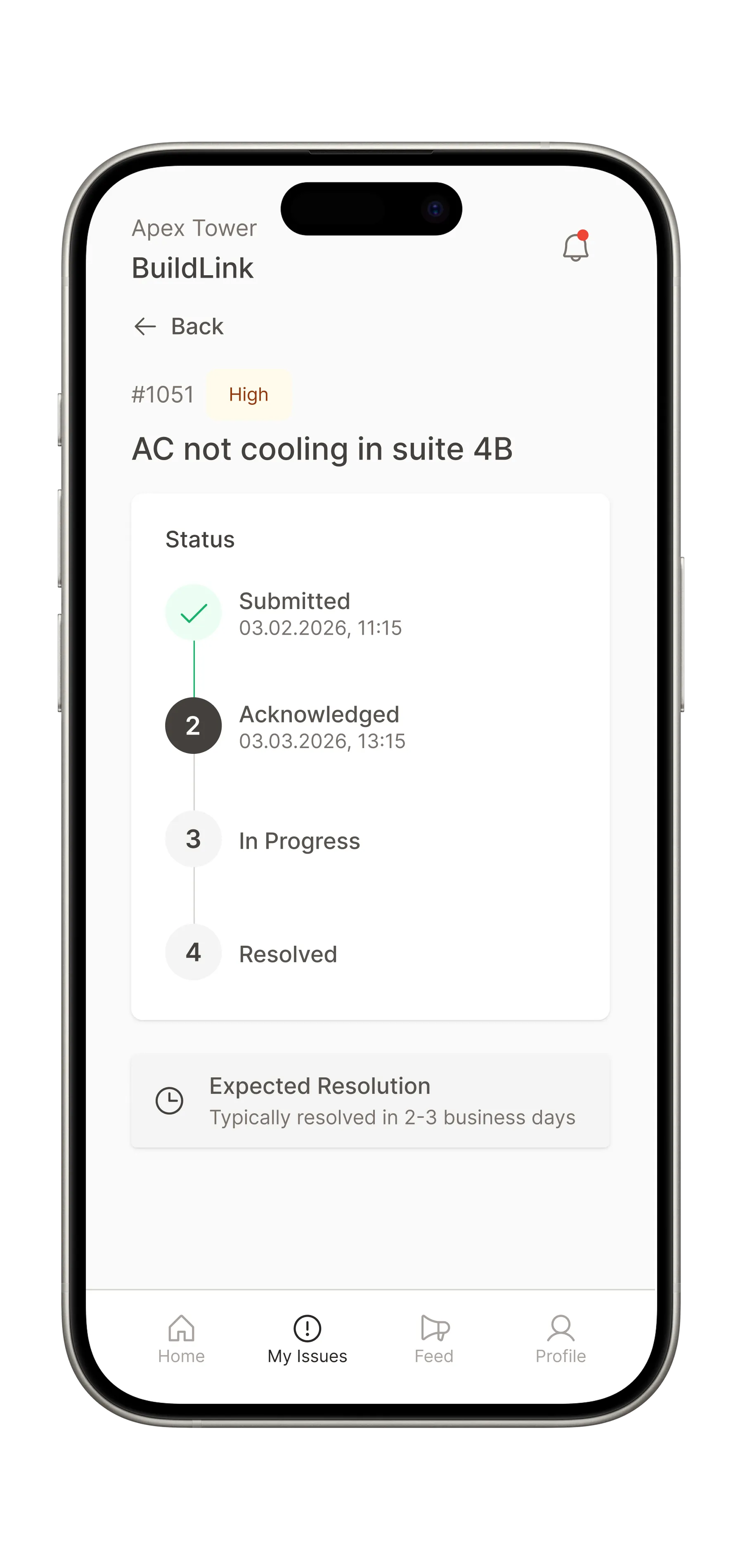 Issue detail with status timeline: submitted, acknowledged, in progress, resolved