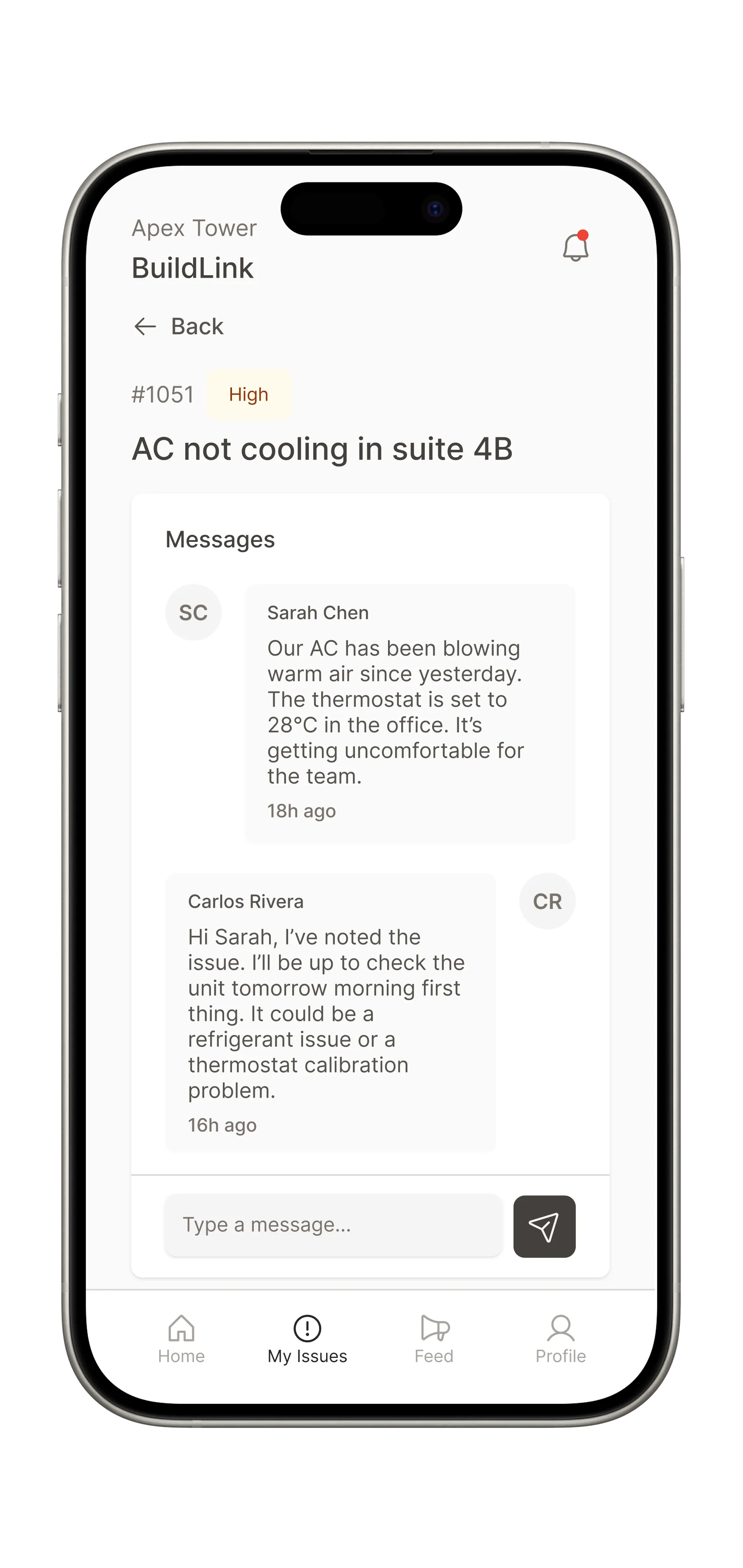 Issue detail with message thread between tenant and property manager