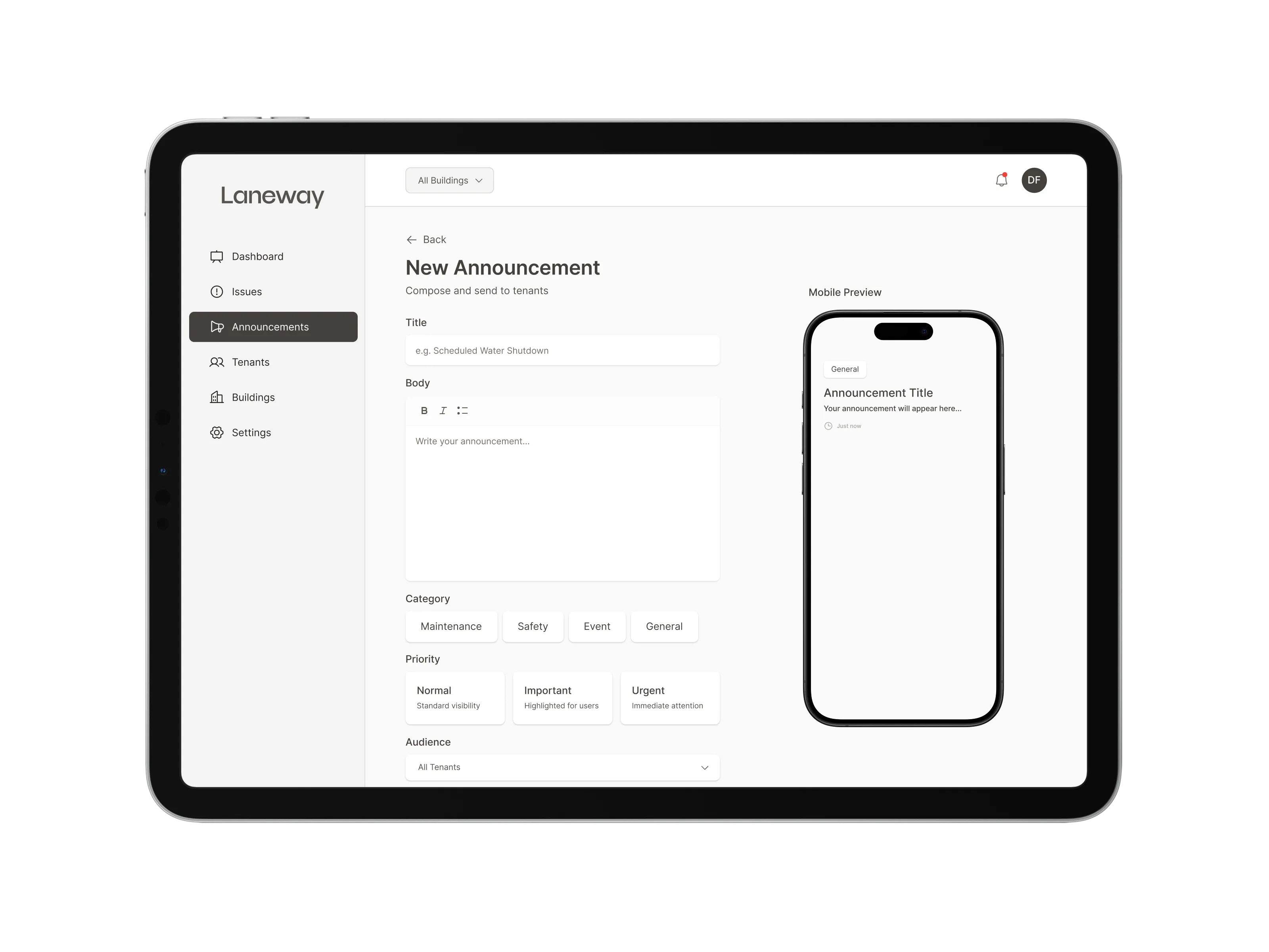 Laneway new announcement composer with live mobile preview