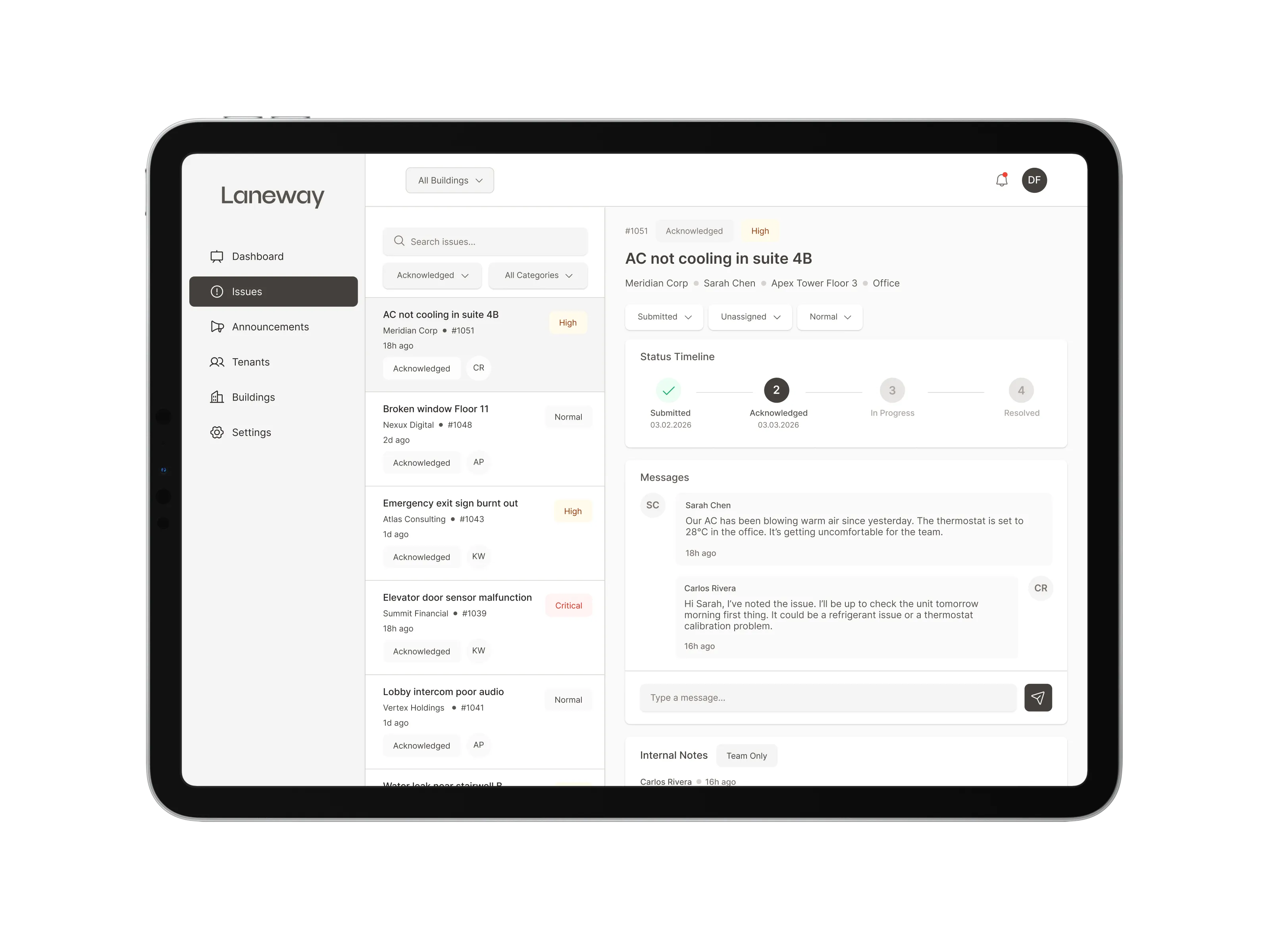 Laneway issues management split-panel view with issue list and detail