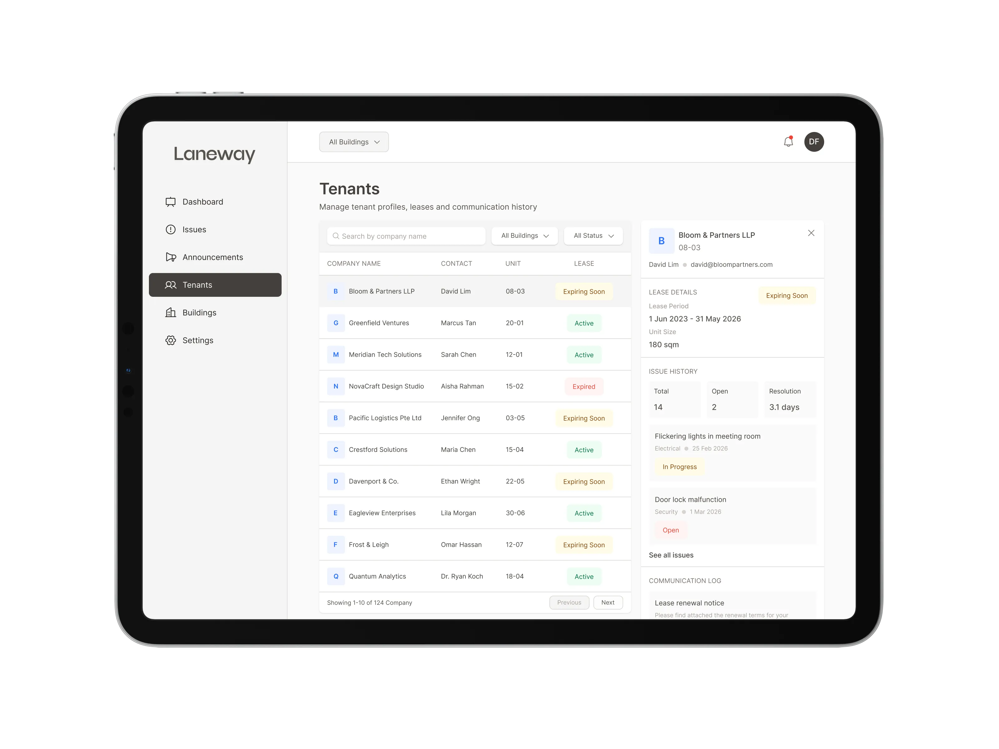 Laneway tenants directory with company list and tenant detail panel