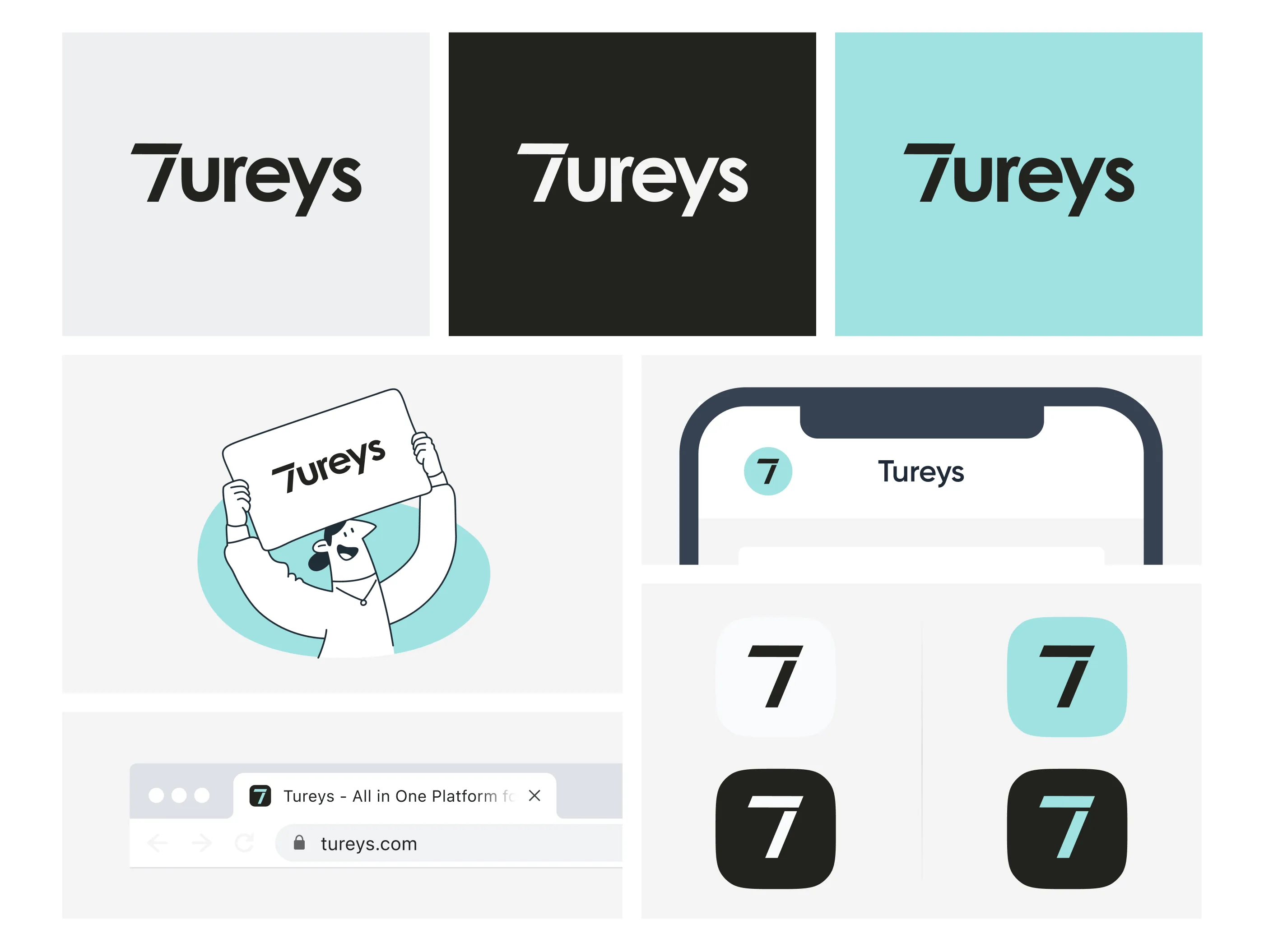 Tureys wordmark on light, dark, and mint tiles, with app icons and a brand illustration