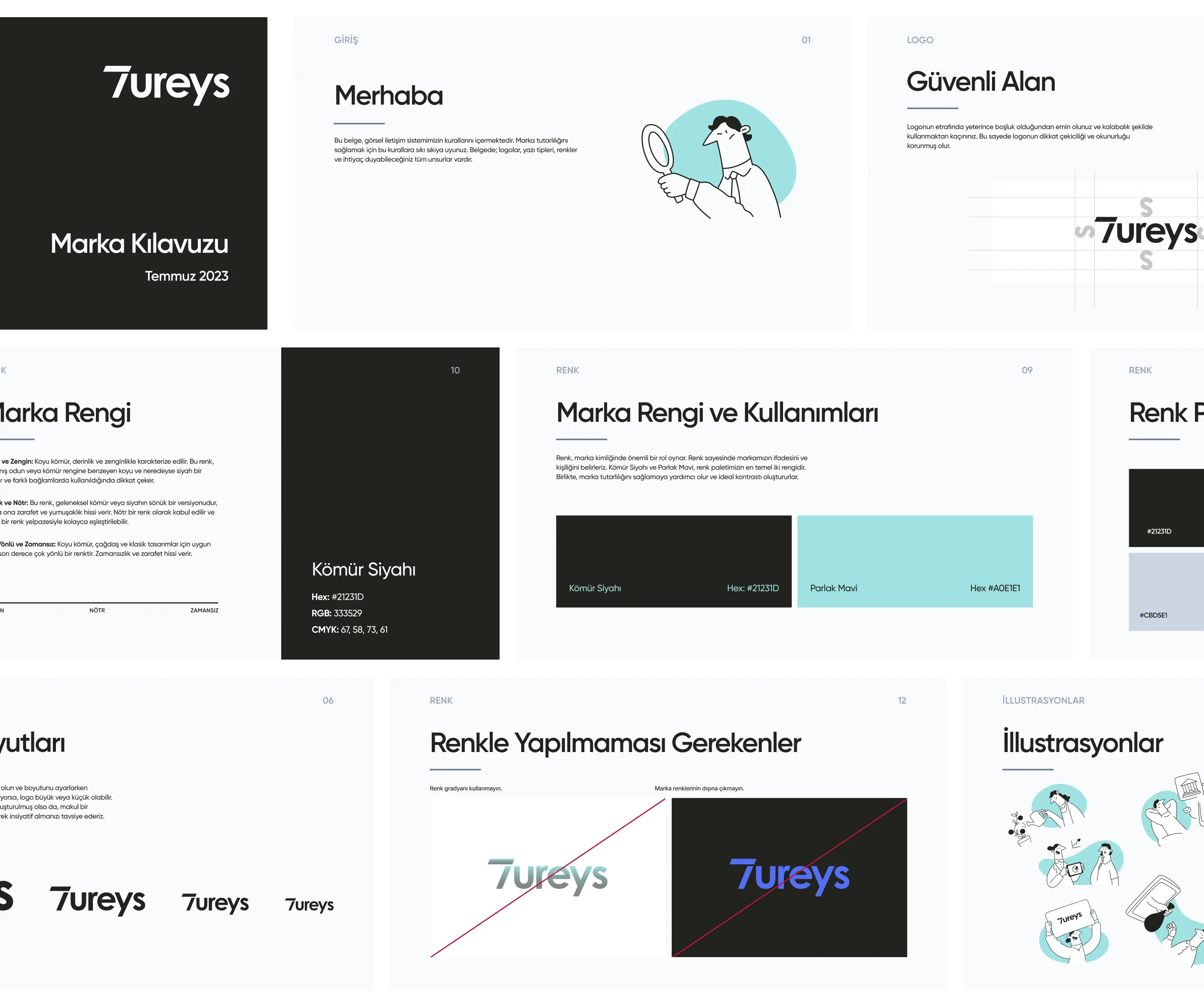 Pages from the Tureys brand guide: logo rules, colors, and illustrations