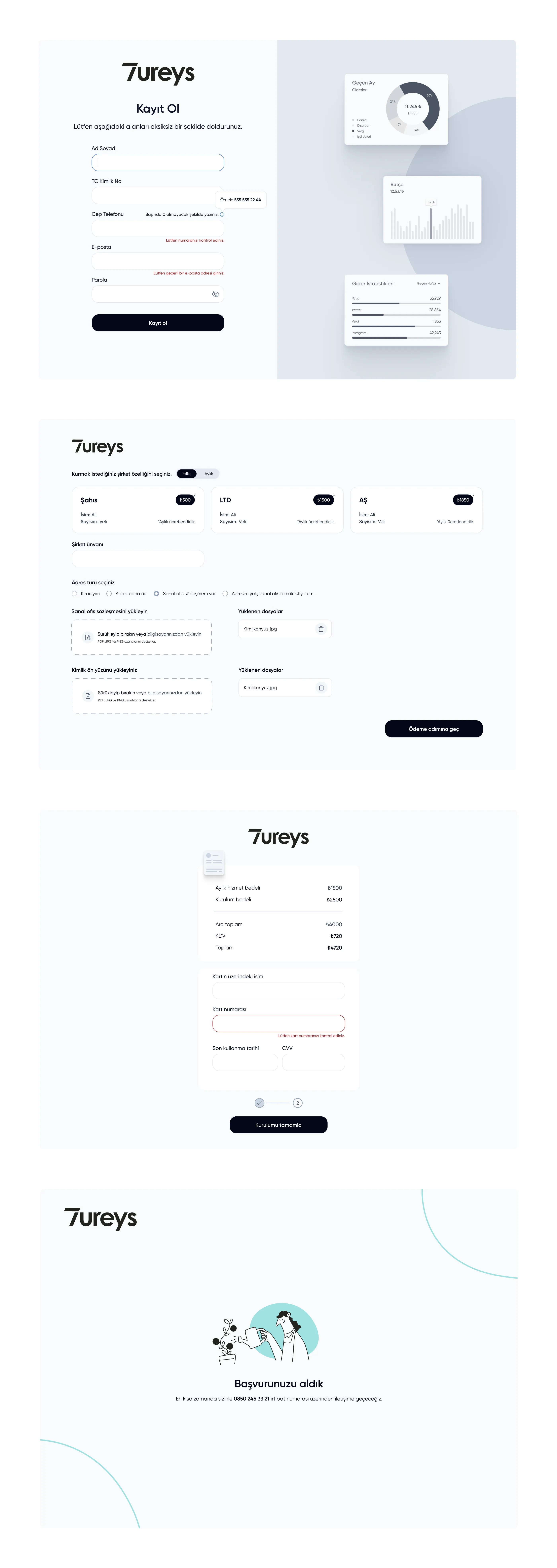 Tureys onboarding: sign up, choose a company type, upload documents, and pay