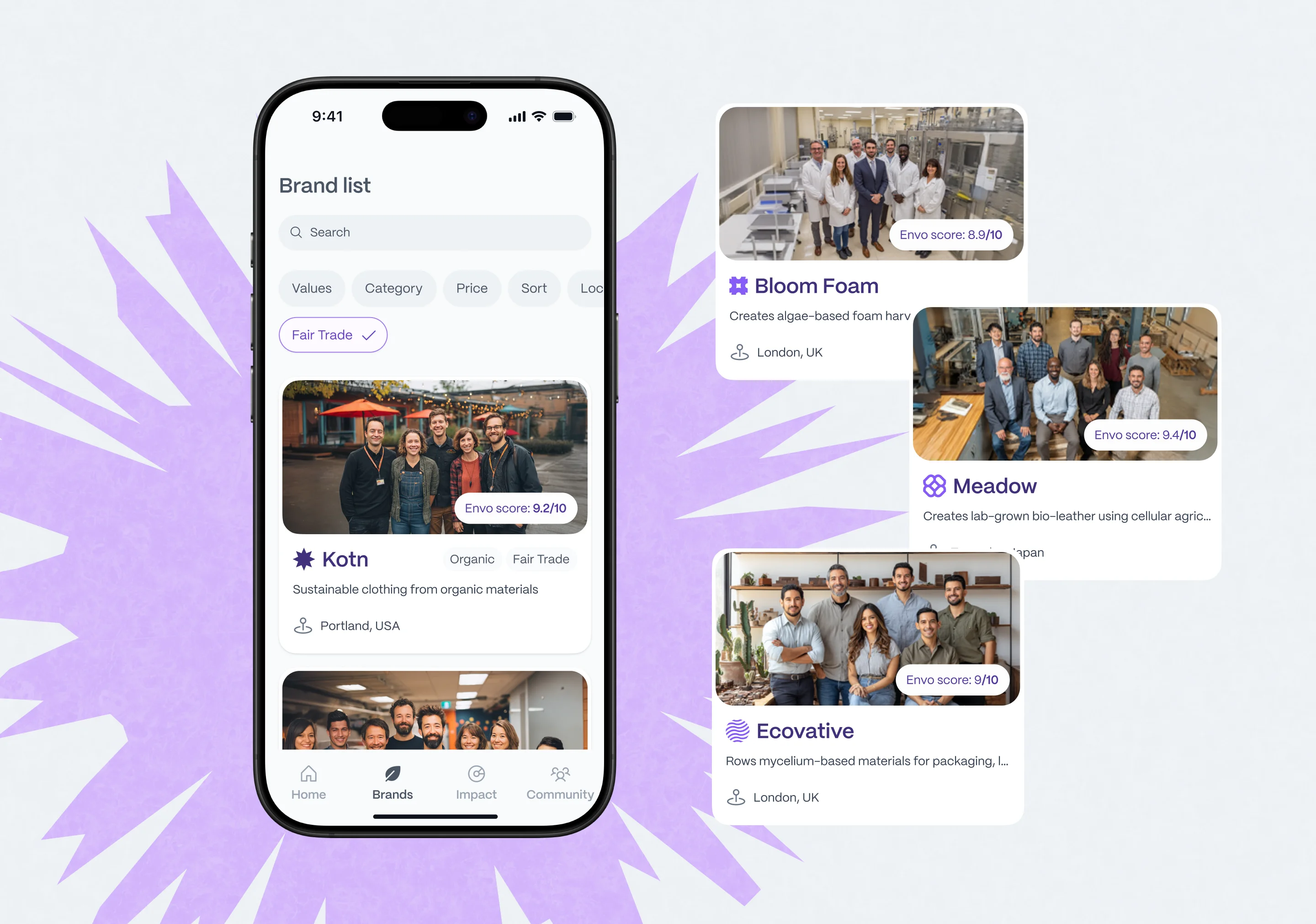 Verdena brand directory with Envo scores for each brand