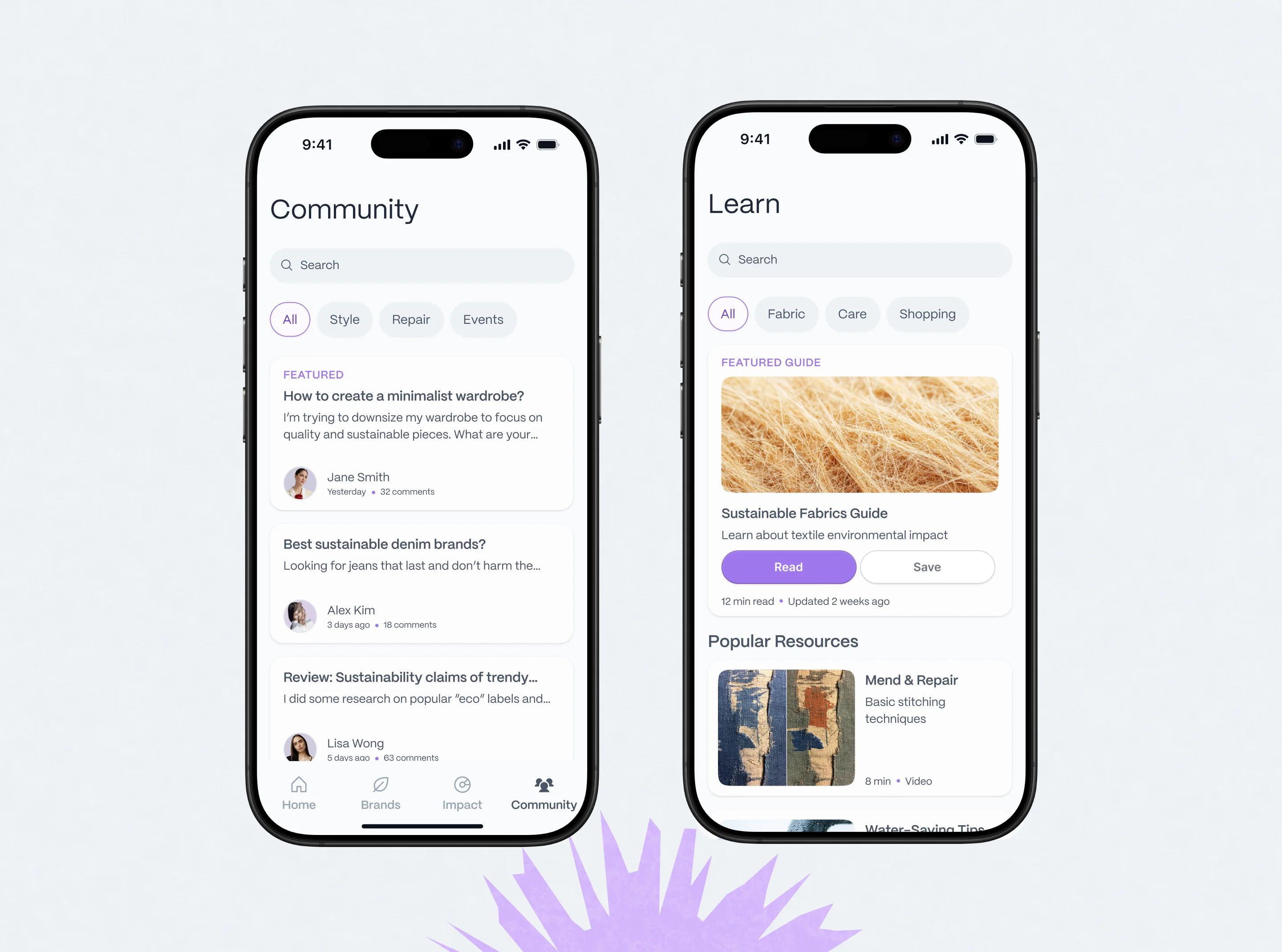 Verdena community forum and Learn section screens
