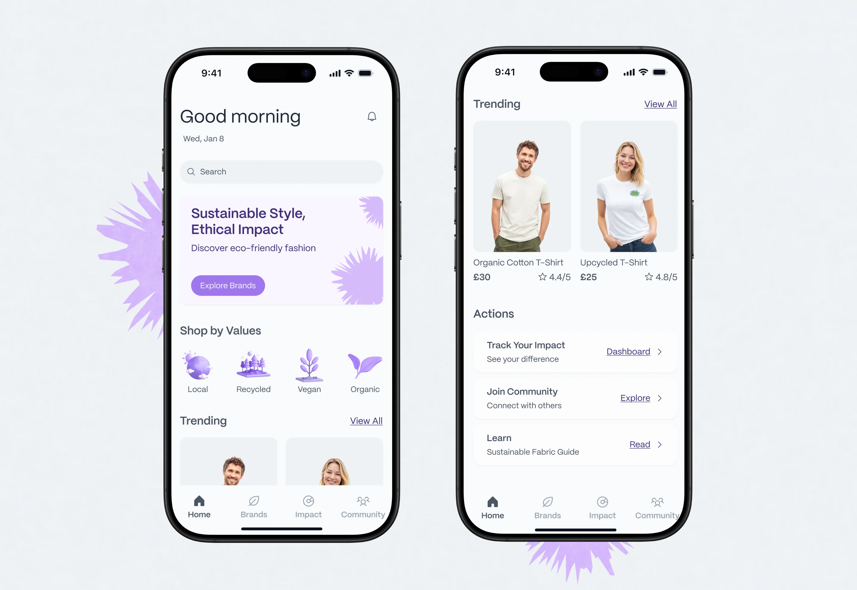 Verdena home screen: search, shop by values, and trending products with sustainability scores