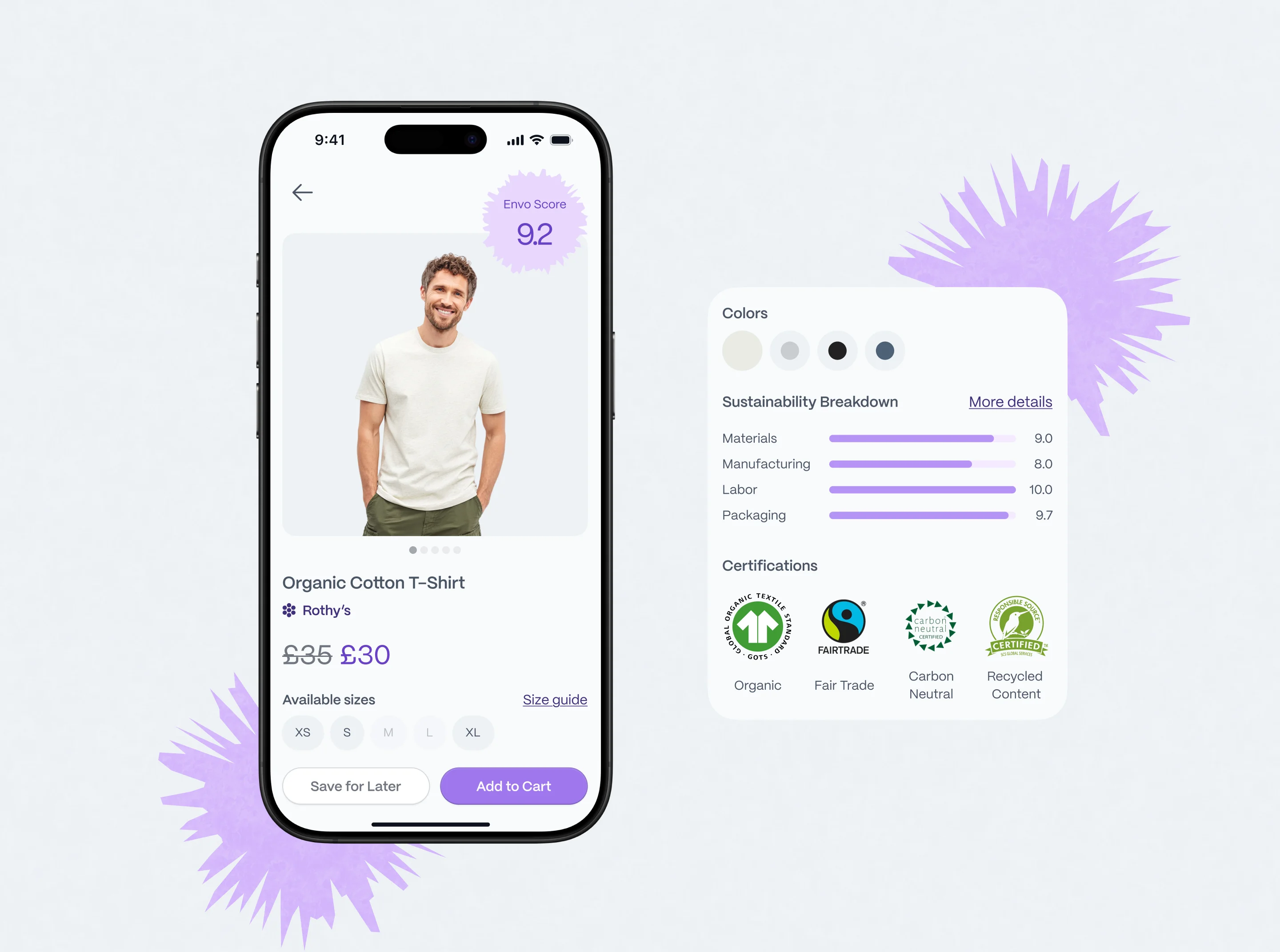 Verdena product page with Envo Score, sustainability breakdown, and certifications