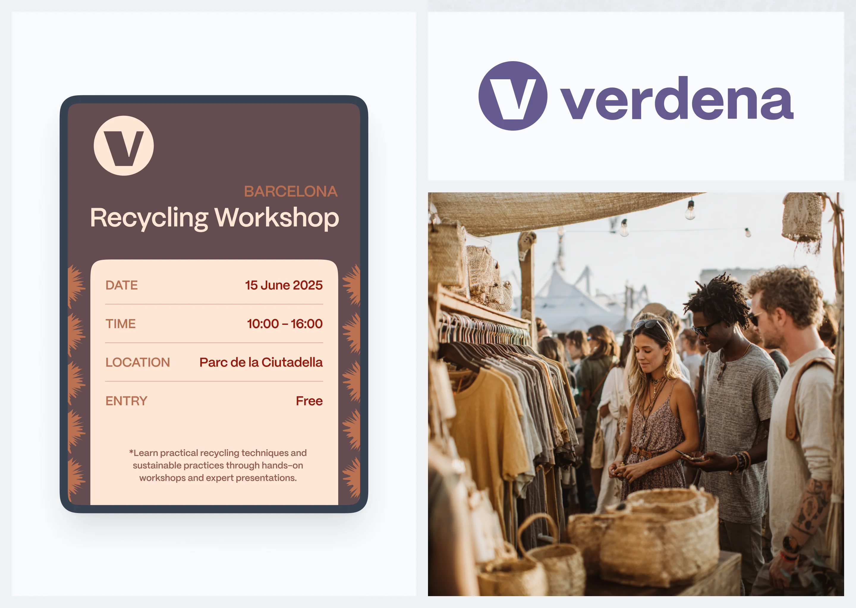 Verdena logo, a recycling workshop card, and a market photo