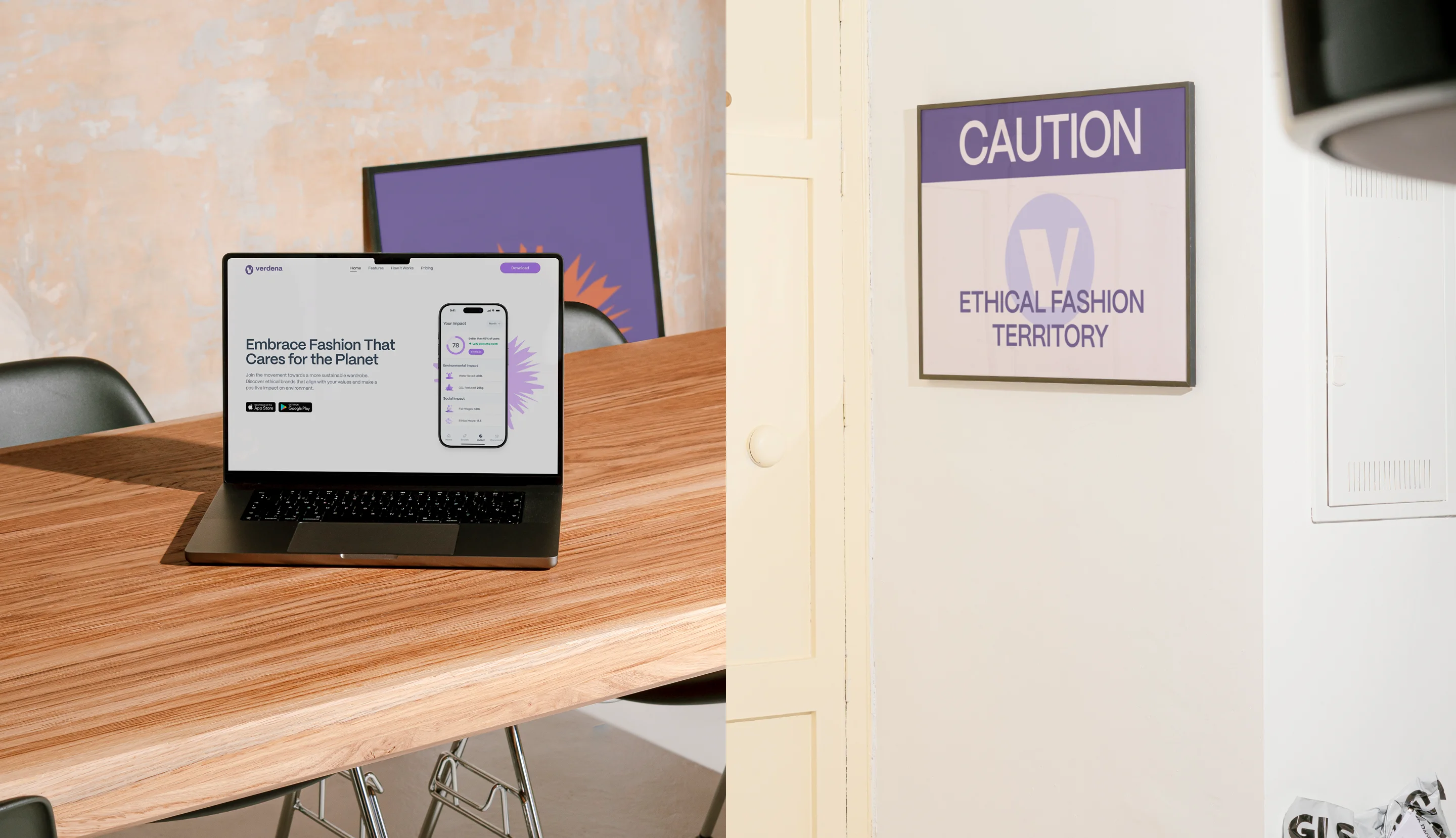 Verdena landing page on a laptop and an Ethical Fashion Territory sign