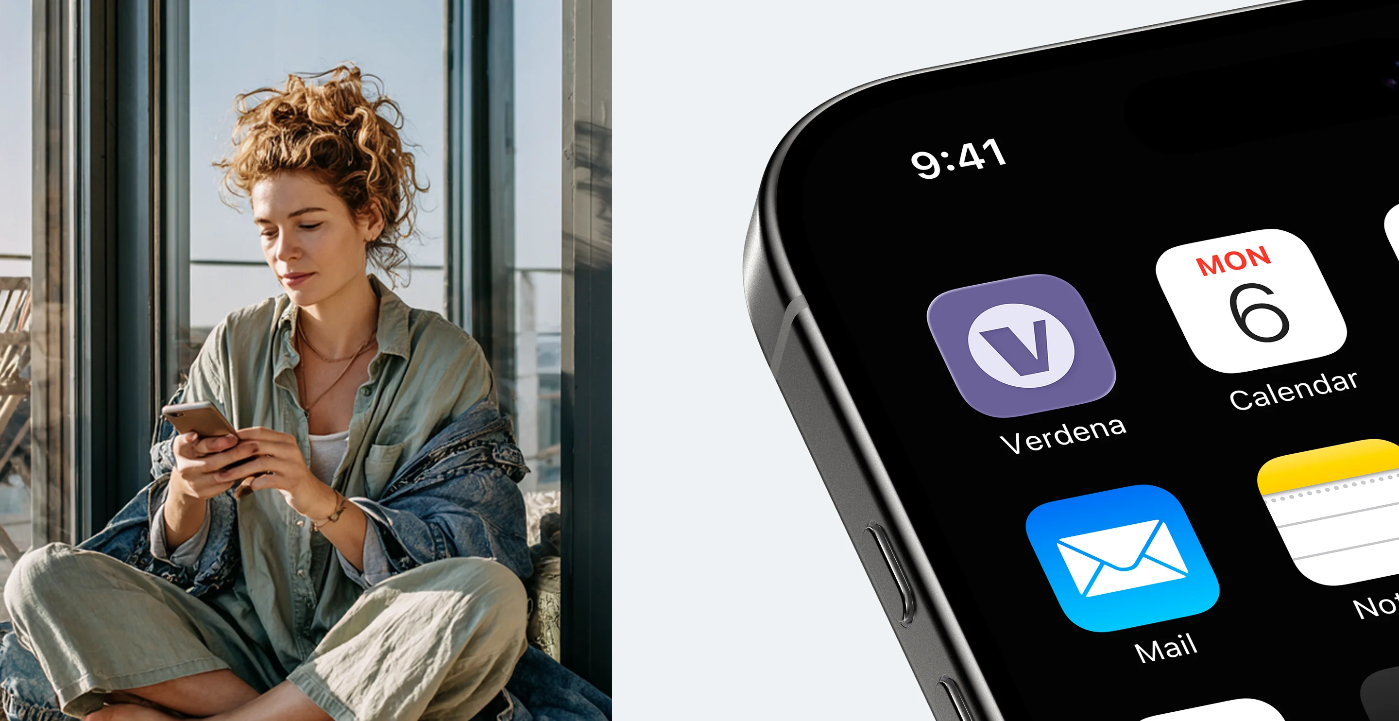 Verdena app icon on an iPhone home screen, next to a lifestyle photo