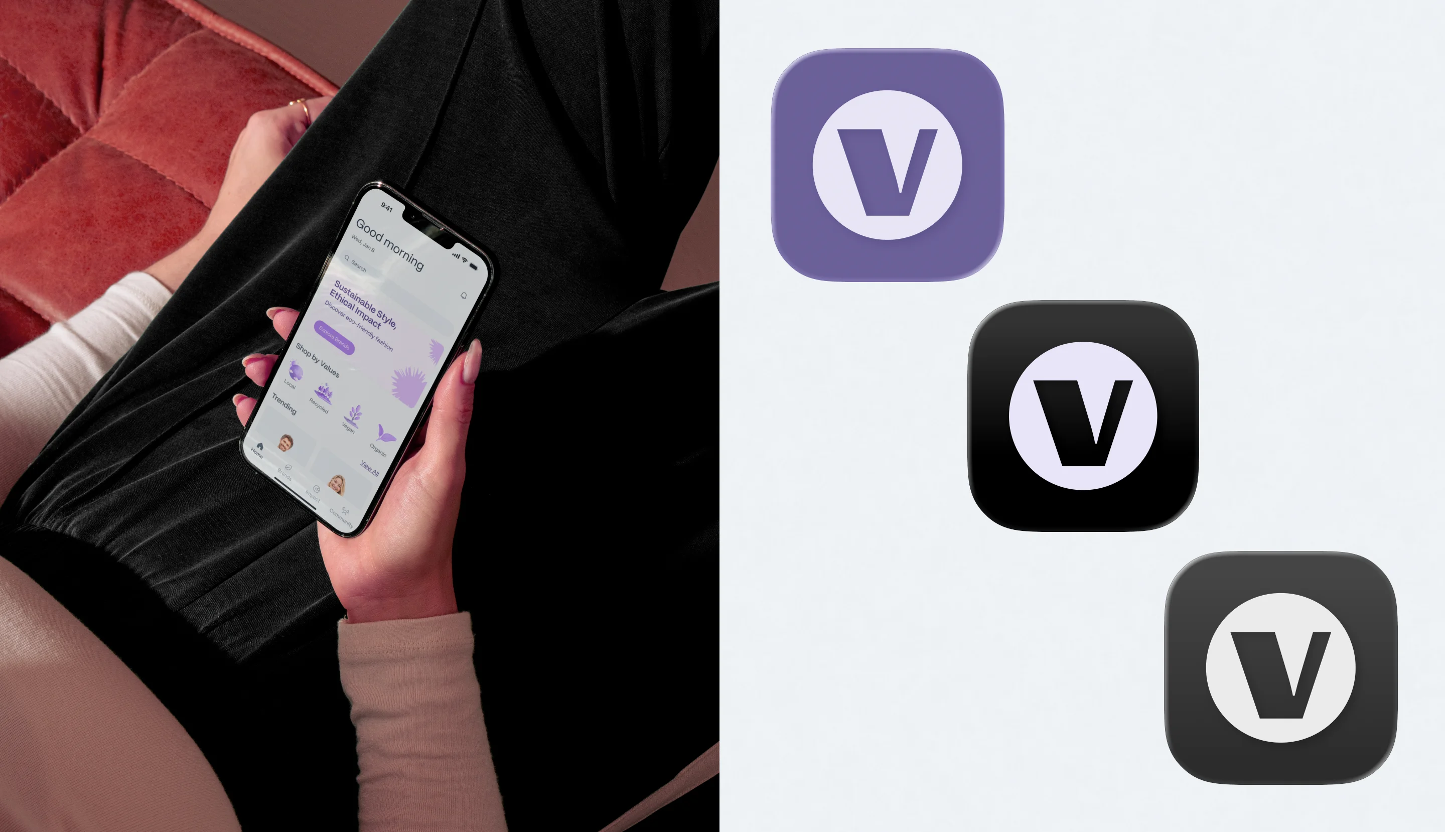 Verdena app icon variations in purple, black, and gray