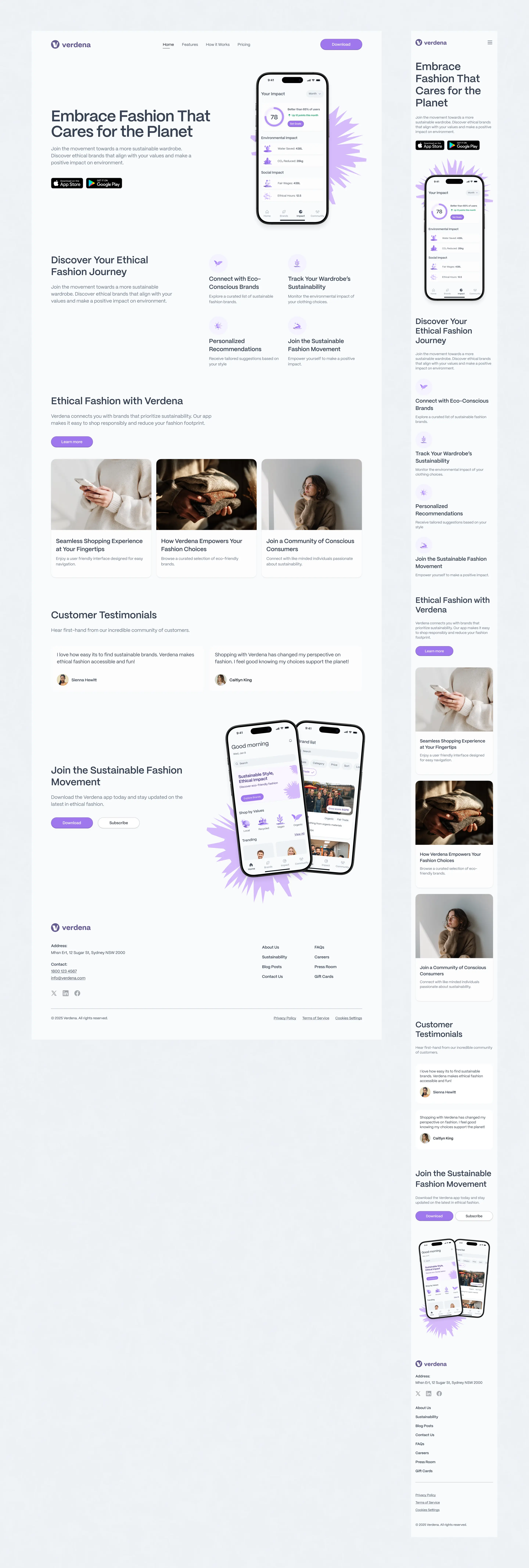 Verdena landing page, desktop and mobile versions